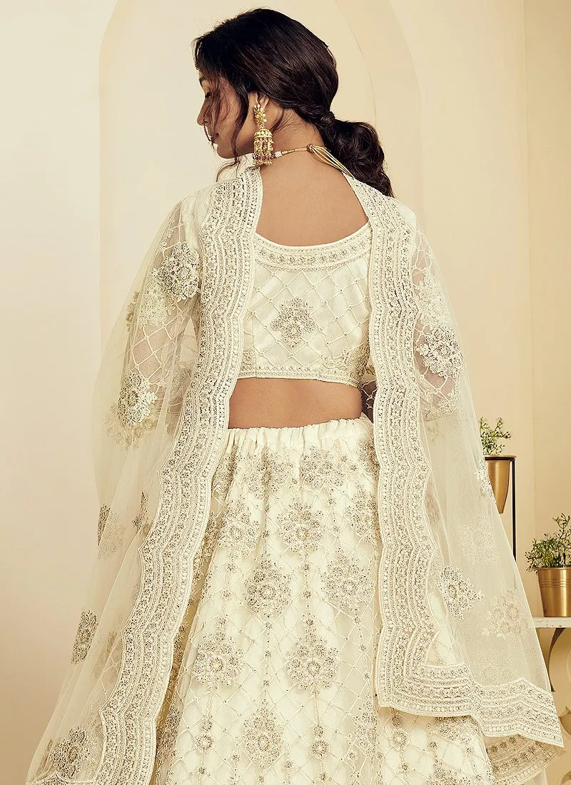 Linen White Pearl Embroidered Wedding Lehenga Choli