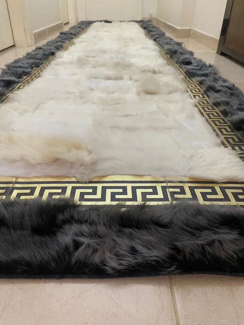 Luxury Gray White Sheepskin Hallway Runner Rug, Natural Leather Handmade Rug