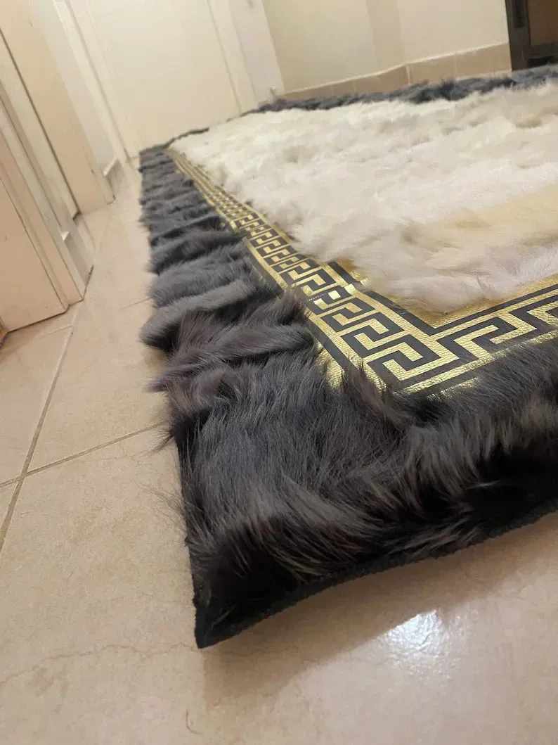 Luxury Gray White Sheepskin Hallway Runner Rug, Natural Leather Handmade Rug