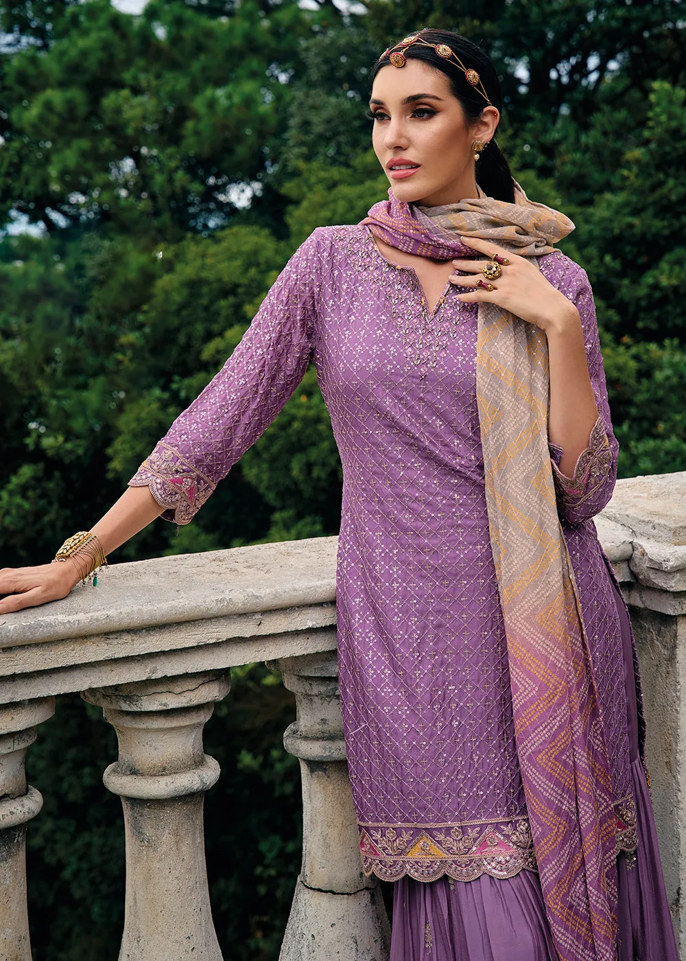 Majestic Purple Heavy Chinnon Khatli Embroidered Palazzo Suit