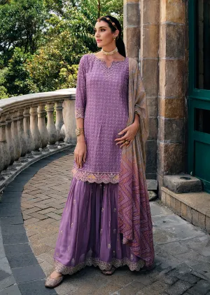 Majestic Purple Heavy Chinnon Khatli Embroidered Palazzo Suit