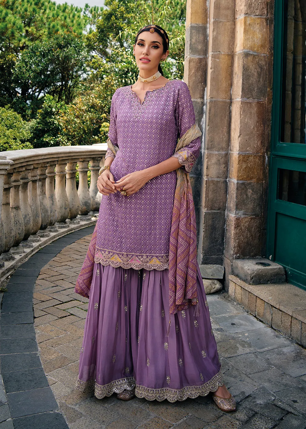 Majestic Purple Heavy Chinnon Khatli Embroidered Palazzo Suit