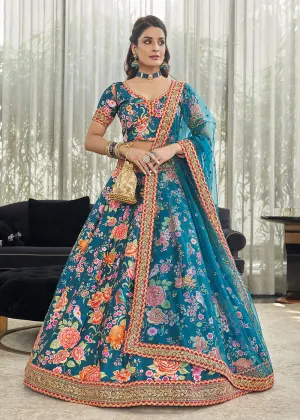 Phenomenal Teal Blue Art Silk Floral Printed Lehenga Choli