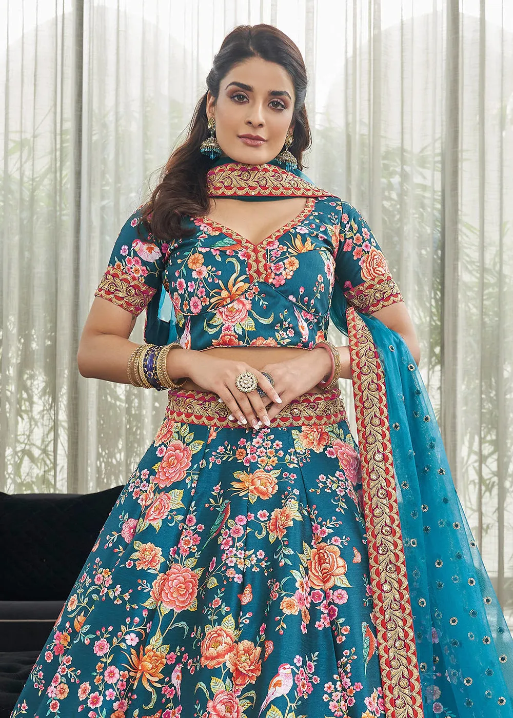 Phenomenal Teal Blue Art Silk Floral Printed Lehenga Choli