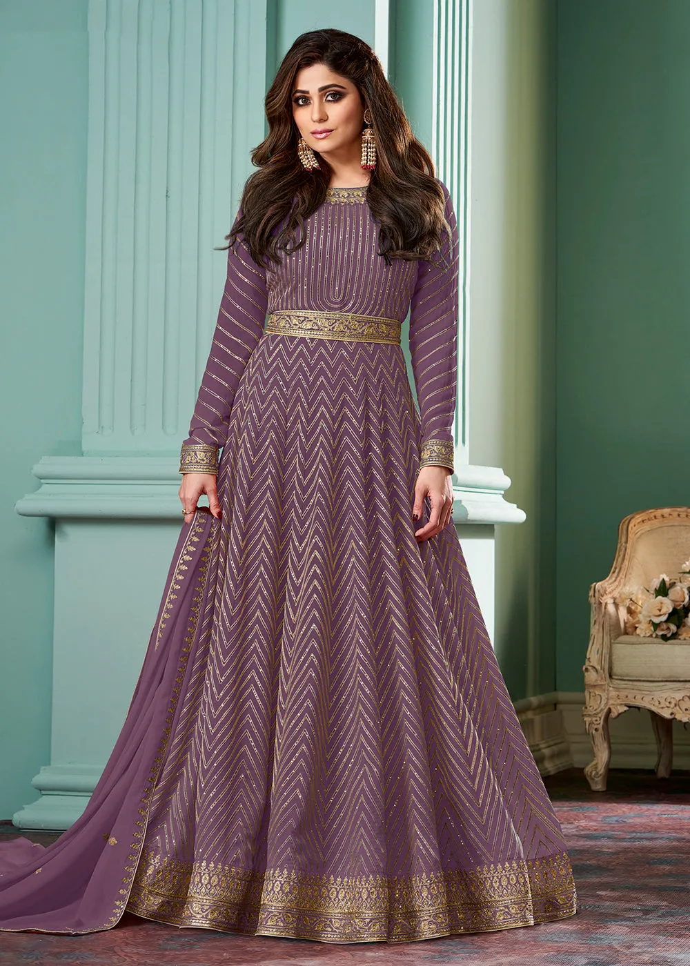 Pure Purple Belt Style Anarkali Featuring Shamita Shetty