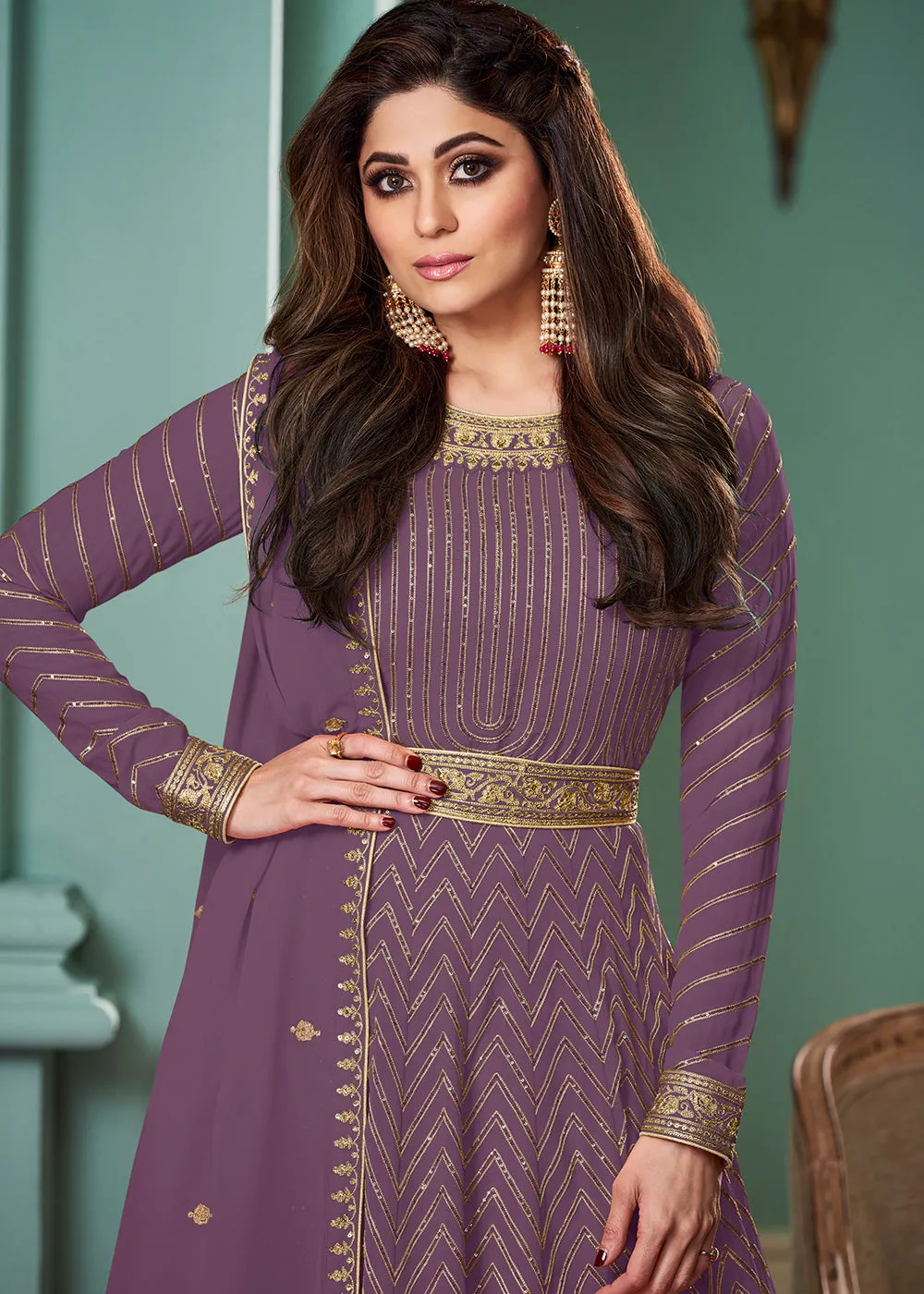 Pure Purple Belt Style Anarkali Featuring Shamita Shetty