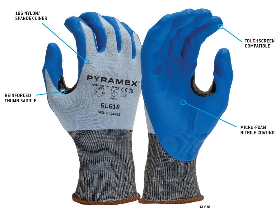 Pyramex 18 Gauge Micro Foam Nitrile Coated A1 Cut Resistant Gloves - L