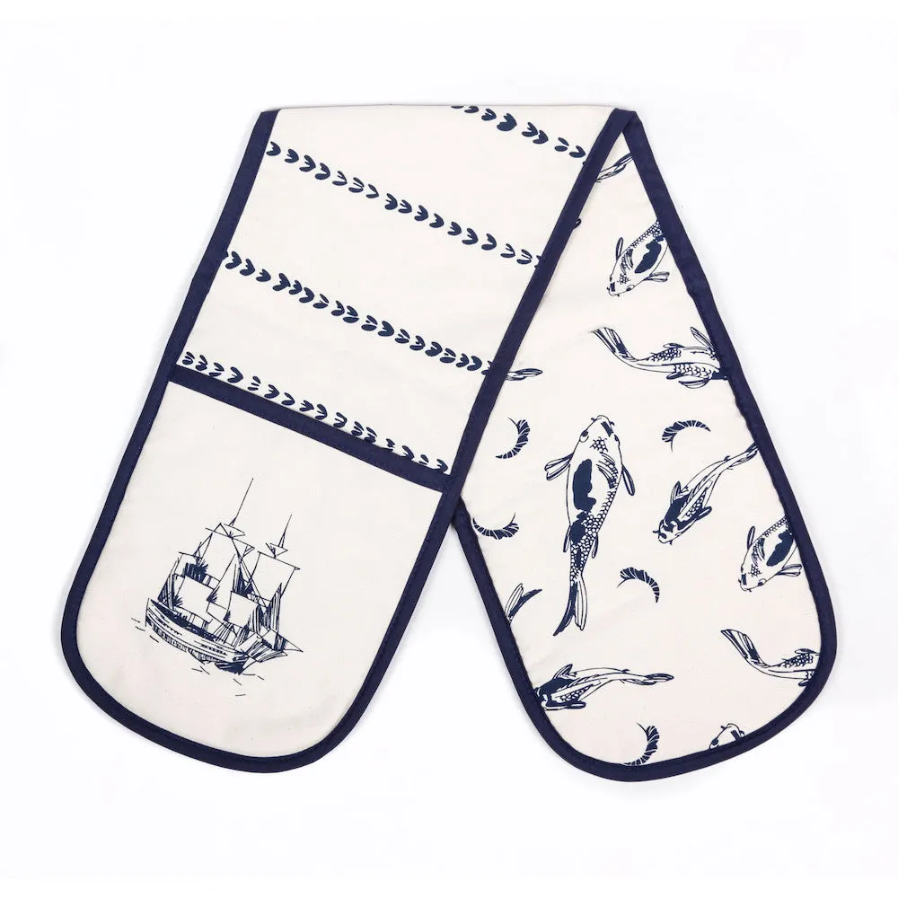 Ship and koi fish double oven glove - screen printed