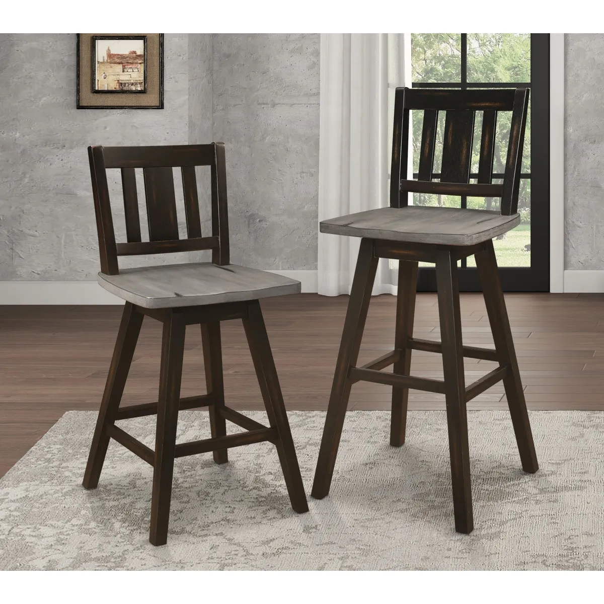 Swivel Counter Height Chair - Distressed Gray & Black, 360° Swivel, Solid Rubber Wood - Set of 2