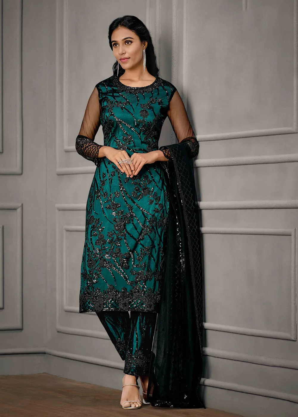 Teal Green Wedding Wear Net Embroidered Salwar Suit