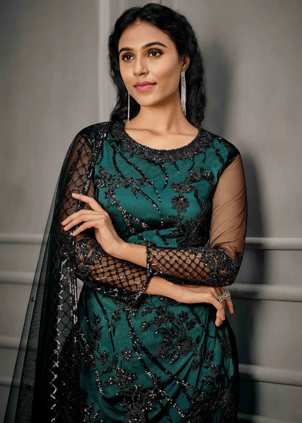 Teal Green Wedding Wear Net Embroidered Salwar Suit