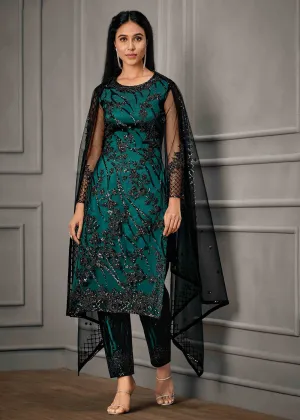 Teal Green Wedding Wear Net Embroidered Salwar Suit