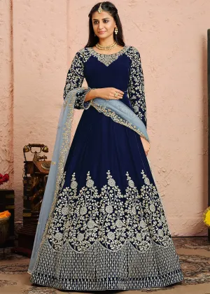 Velvet Fabric Blue Embroidered Anarkali Suit