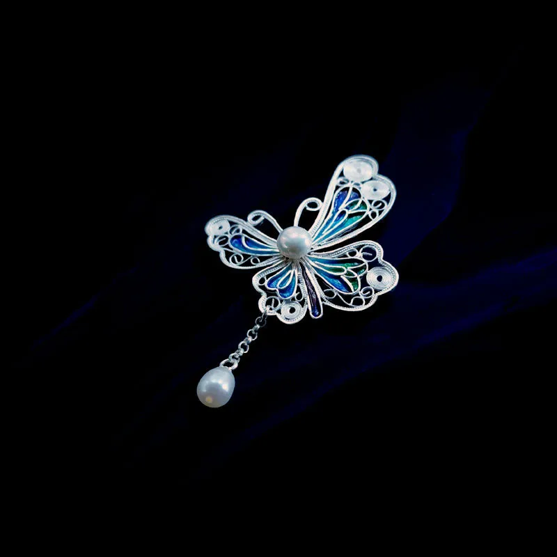 Vintage Cloisonné Silver Filigree Butterfly Inlaid Natural Freshwater Pearl Pendant / Brooch Jewelry Gift