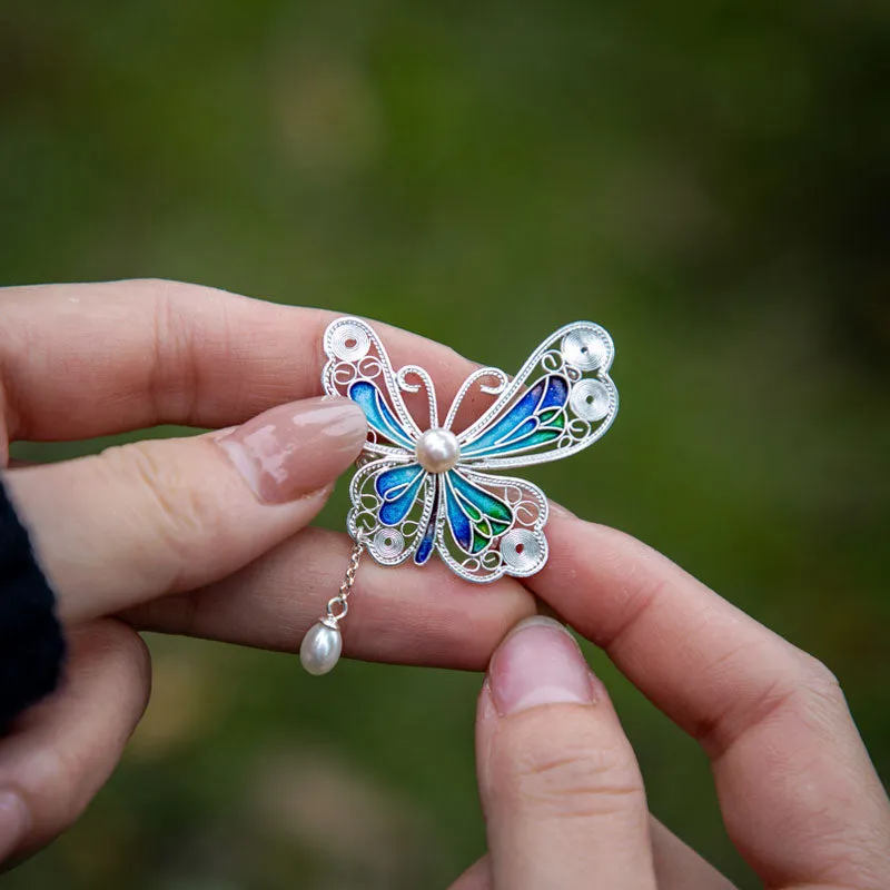 Vintage Cloisonné Silver Filigree Butterfly Inlaid Natural Freshwater Pearl Pendant / Brooch Jewelry Gift