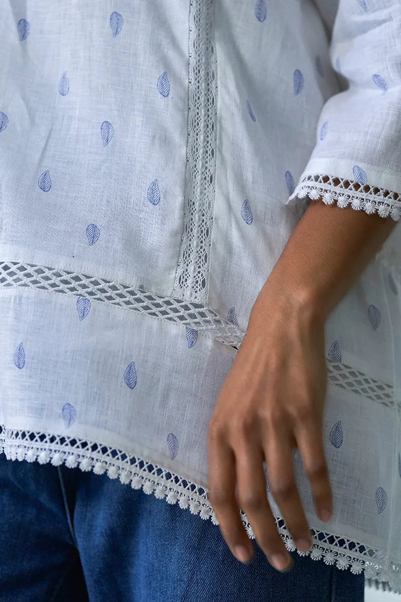 White Hand Printed Linen Kurta